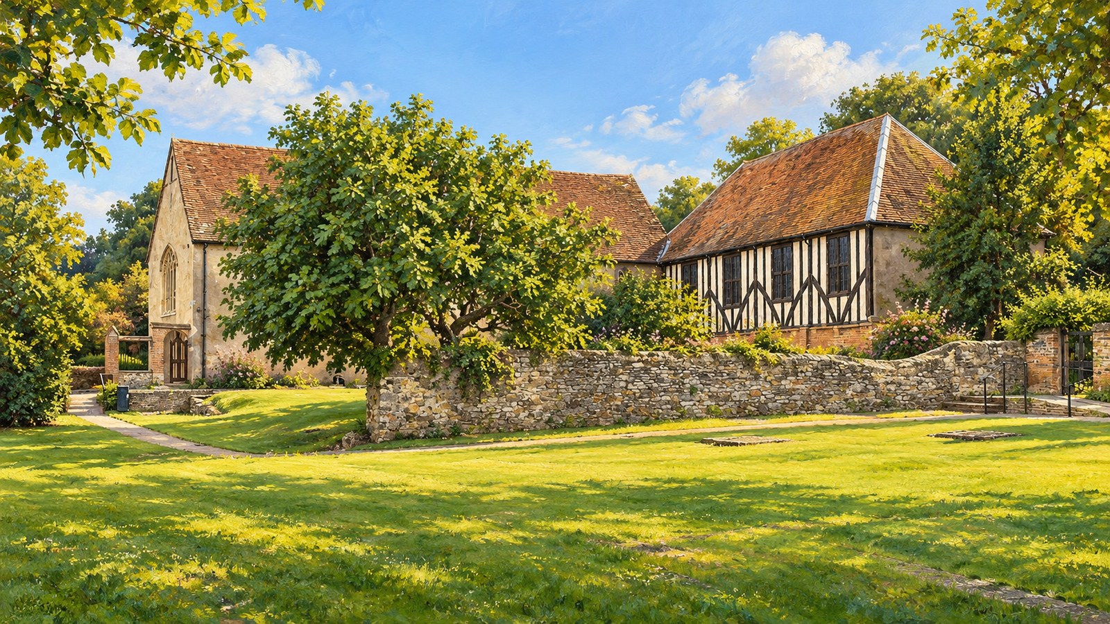 Artist's impression of Prittlewell Priory, its timber-framed wing and garden in Southend-on-Sea