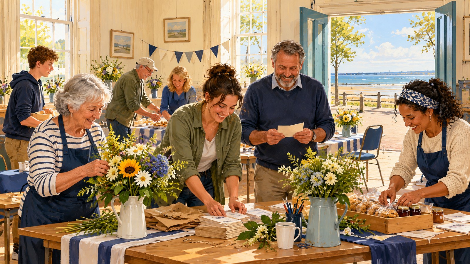 Artist's impression of a representative Southend community group in a coastal hall, not a named real venue