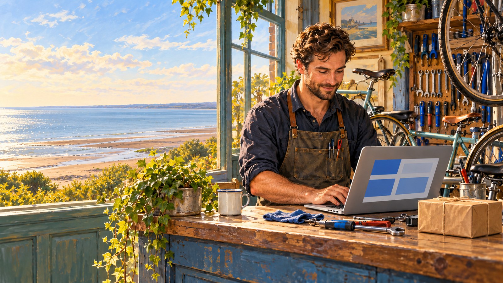 Artist's impression of a representative Southend small business owner preparing a listing at a workshop counter