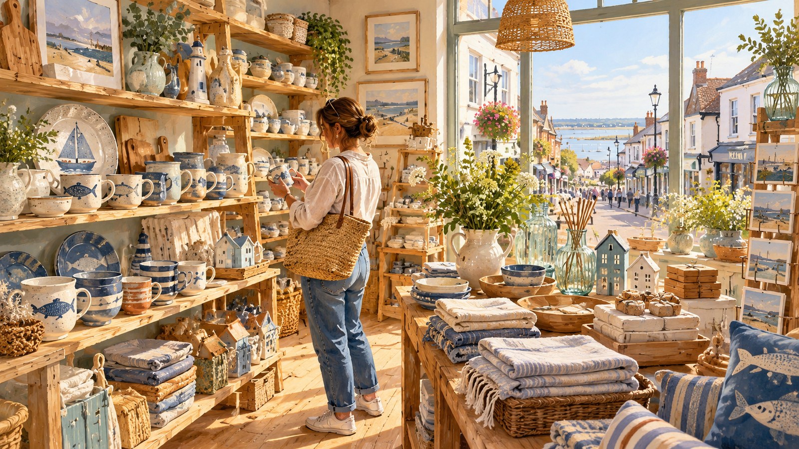 Artist's impression of a representative Leigh independent gift shop with coastal ceramics, not a named real business