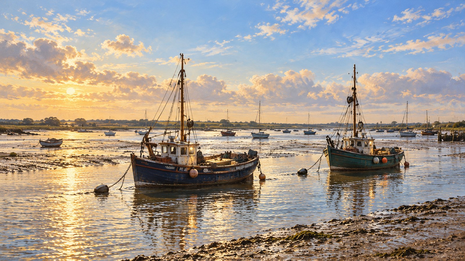 Artist's impression of the working waterfront at Old Leigh, with small boats and coastal buildings